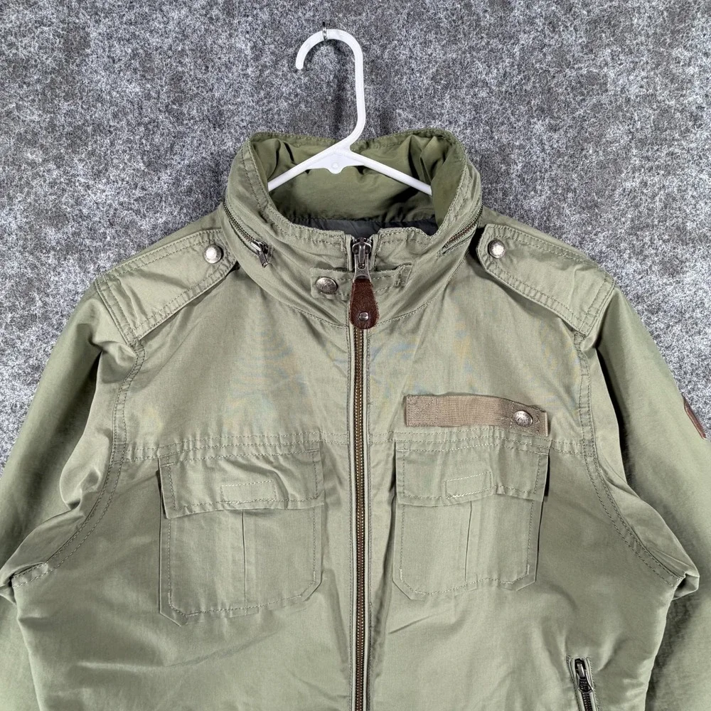 Sierra Designs Hooded Military Jacket Mens M Green Outdoor Zip Up Pockets Hiking